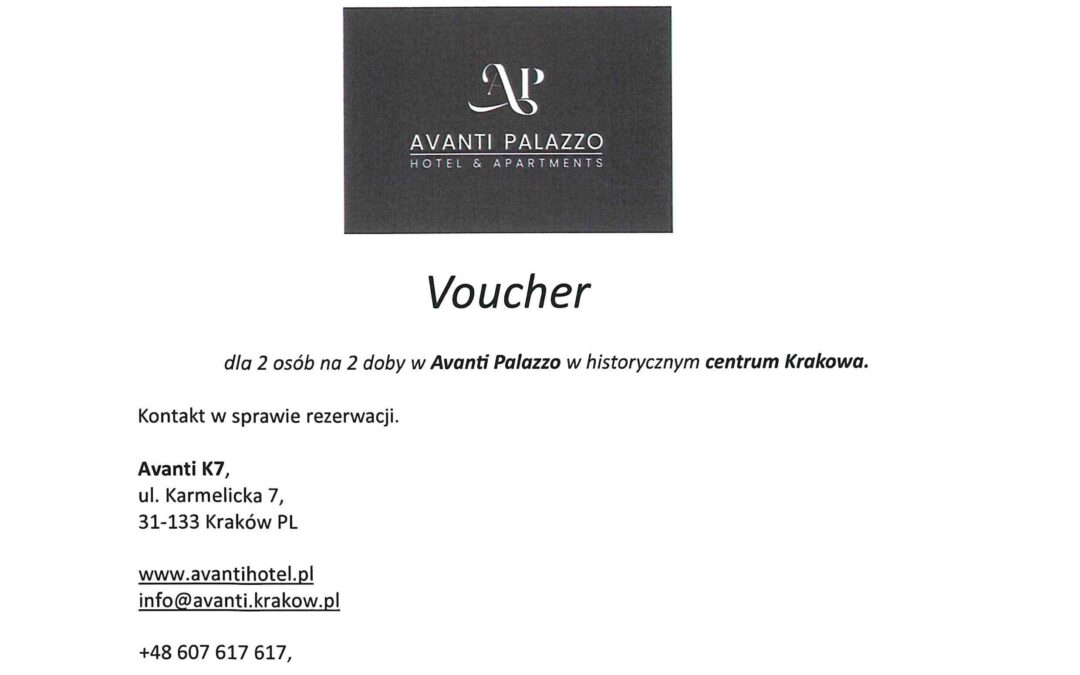 Voucher na dwie noce dla dwóch osób w Apartamentach Avanti Palazzo podarowany przez Panią Teresę Mól. 