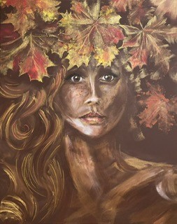 Obraz Bożeny Koj, akryl na płótnie 40×50 cm „Jesienna twarz” ofiarowany przez artystkę. 
